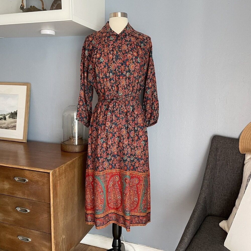 Country Miss Vtg 70s Prairie Floral Paisley Midi Shirt Dress Cottagecore Boho